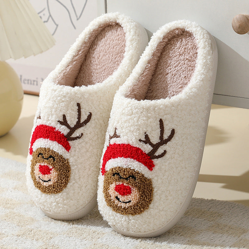 Christmas Home Slippers Cute Cartoon Santa Claus Cotton Slippers For Women And Men Couples Winter Warm Furry Shoes