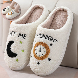 Fashion Moon And Clock Print Home Slippers Winter Warm Floor Bedroom House Shoes For Women